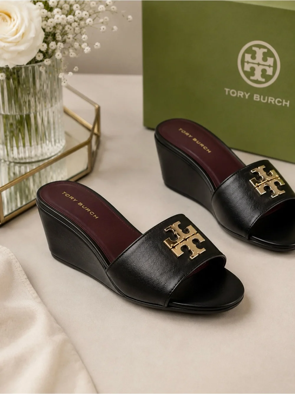 Tory Burch Everly Black Leather Wedge Slide Sandals with Gold Logo